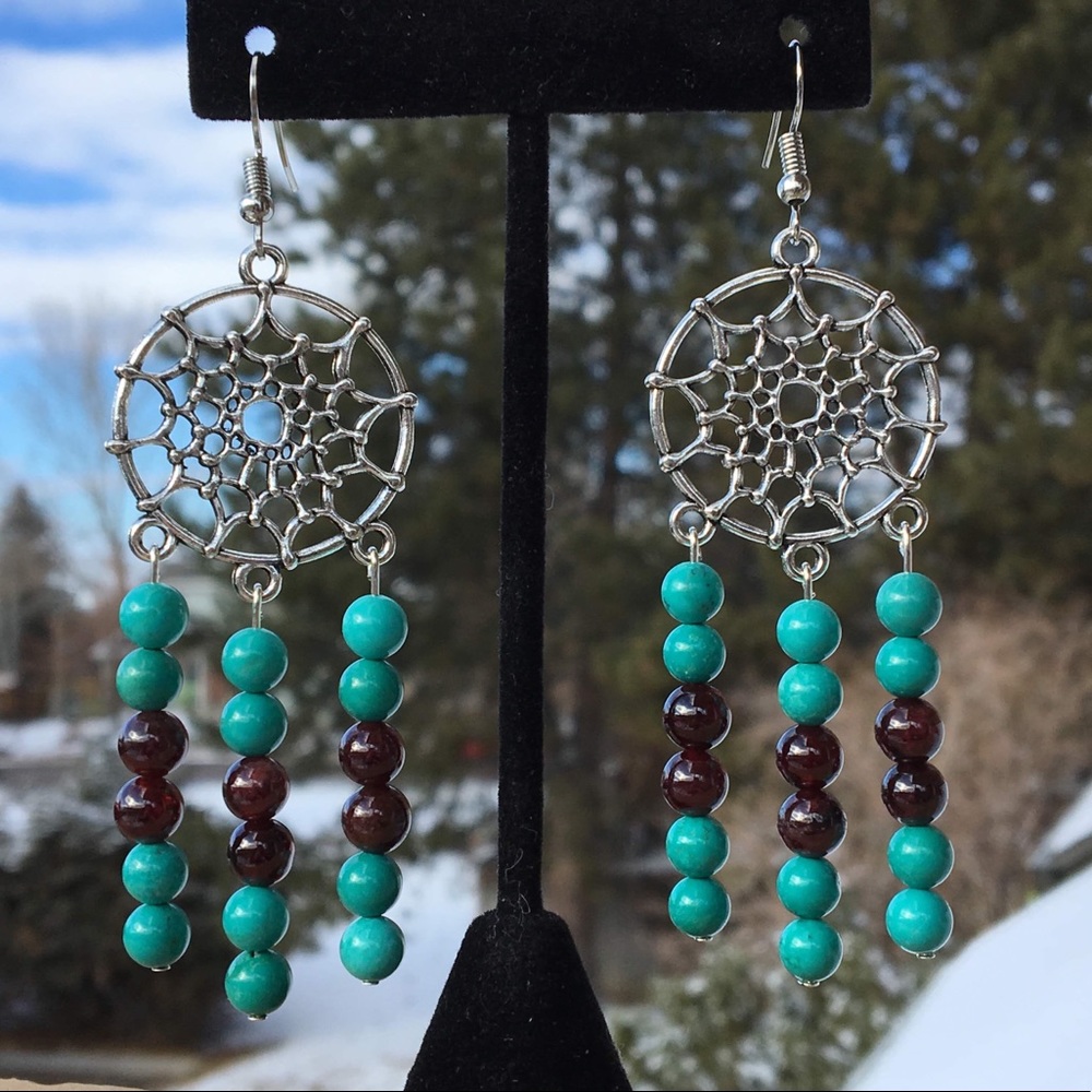 Turquoise Magnesite Garnet Dreamcatcher Earrings